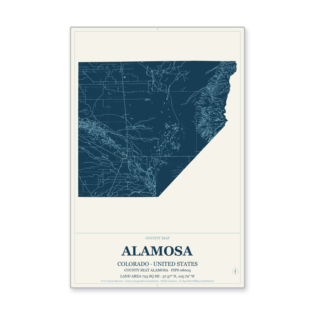 Alamosa County, Colorado Map Aluminum Sign in Coastal Cutout style