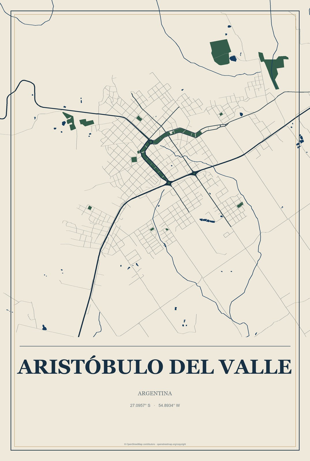 Aristóbulo del Valle, Argentina City Map Aluminum Sign in Coastal Cutout style