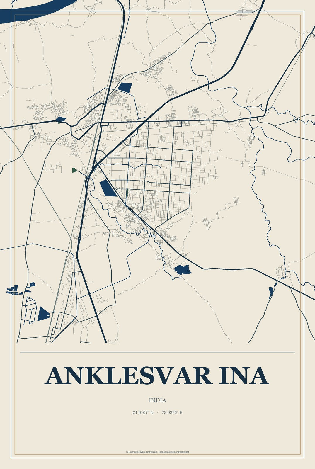 Anklesvar INA, India City Map Aluminum Sign in Coastal Cutout style