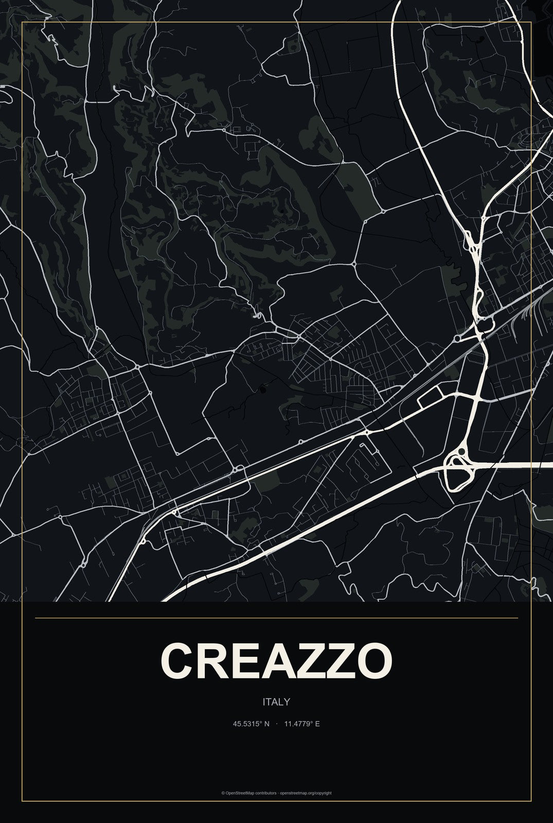 Creazzo, Italy City Map Aluminum Sign in Metropolitan Noir style
