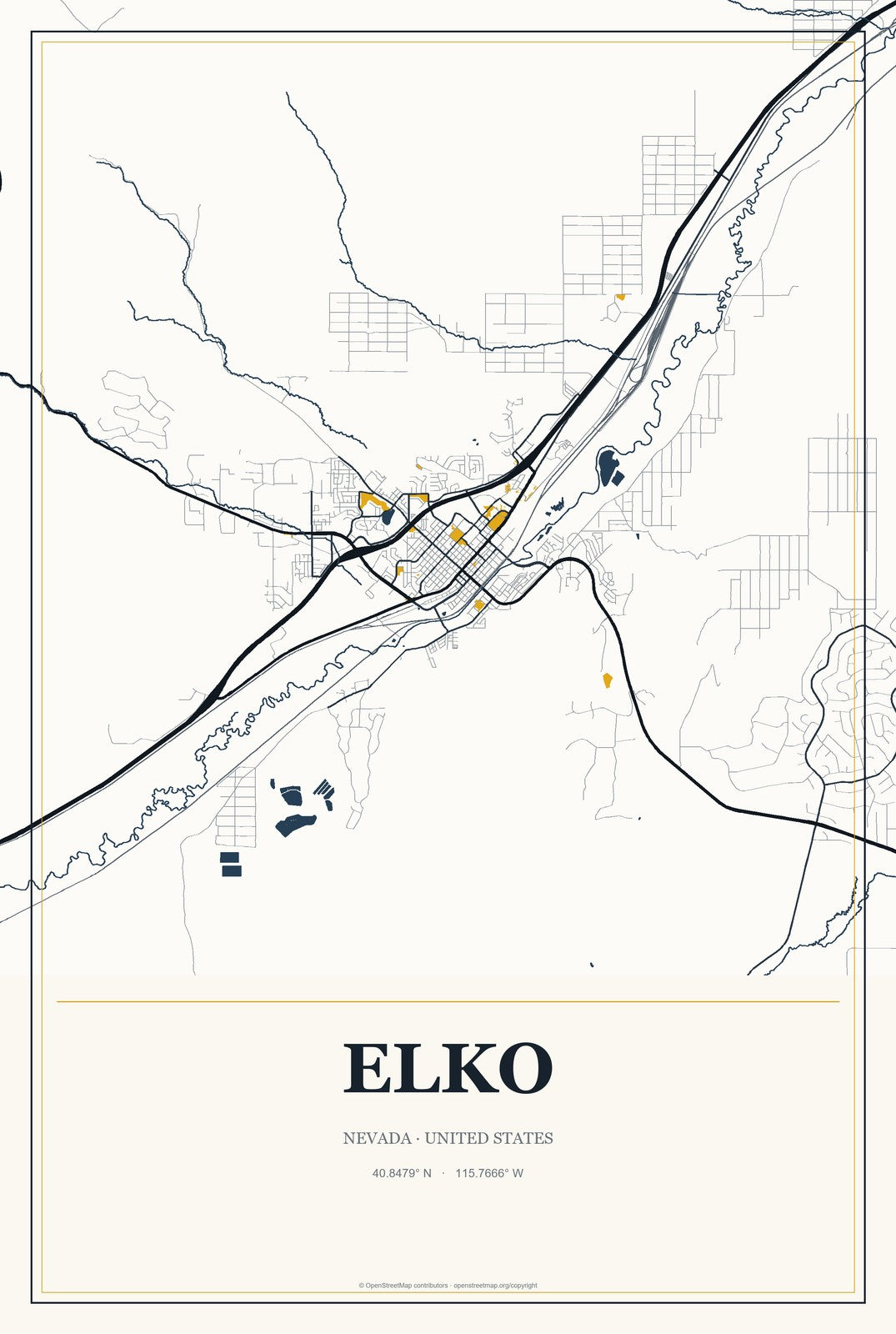 Elko, Nevada City Map Aluminum Sign in Citrine Modern style