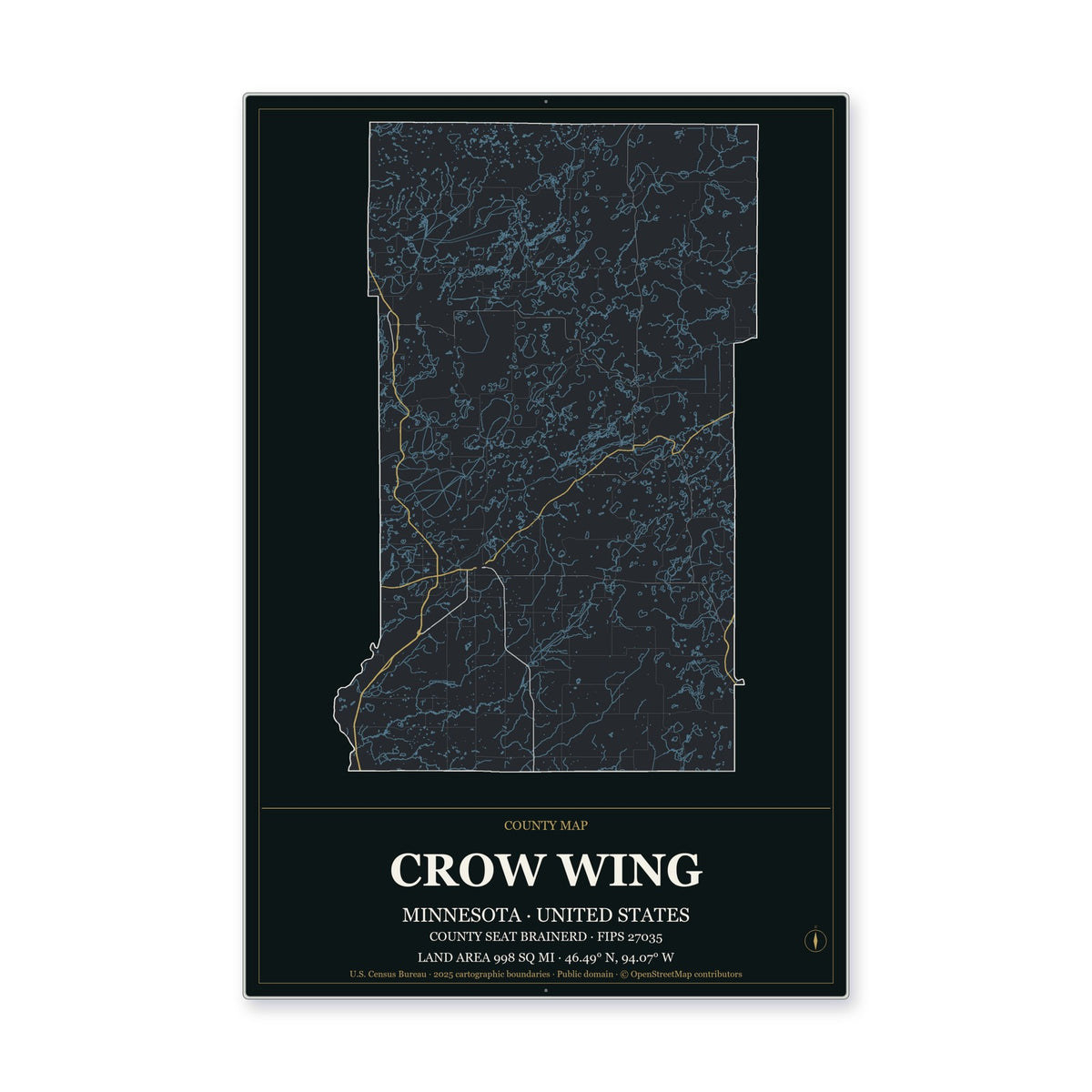 Crow Wing County, Minnesota Map Aluminum Sign in Metropolitan Noir style