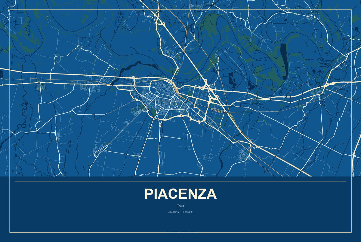 Piacenza, Italy City Map Aluminum Sign in Harbor Cobalt style