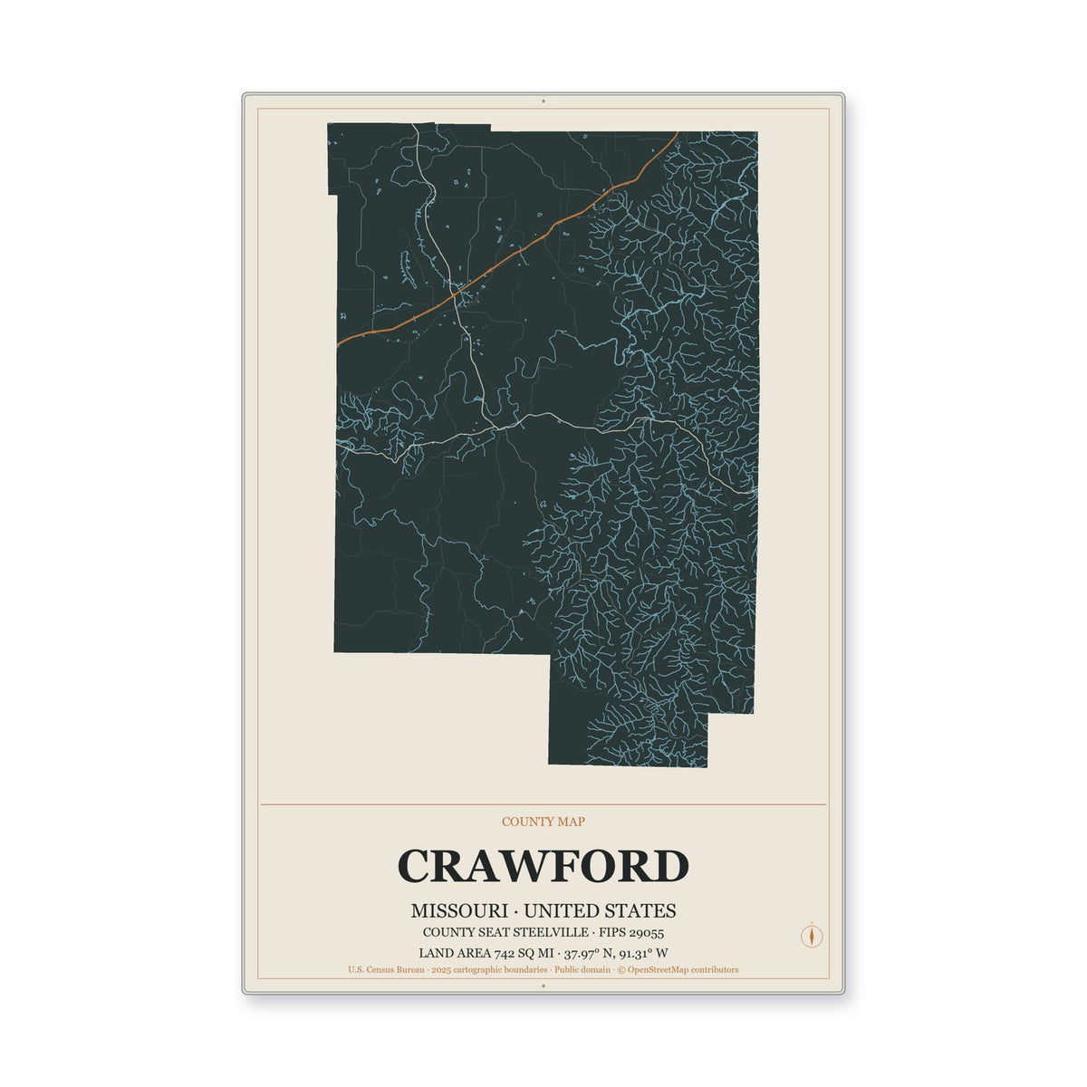 Crawford County, Missouri Map Aluminum Sign in Headline Atlas style
