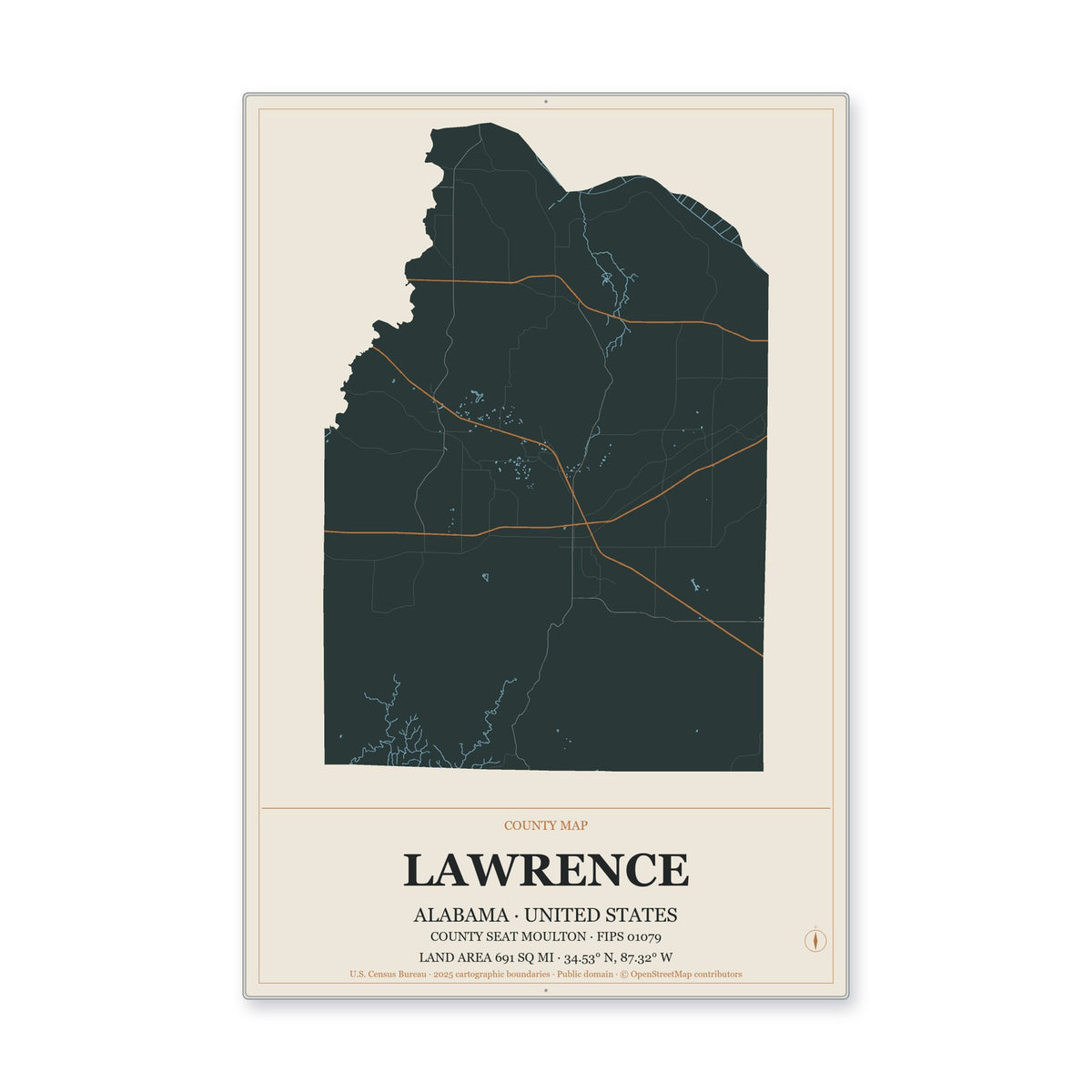 Lawrence County, Alabama Map Aluminum Sign in Headline Atlas style
