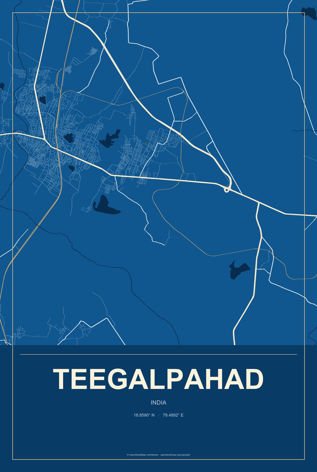 Teegalpahad, India City Map Aluminum Sign in Harbor Cobalt style