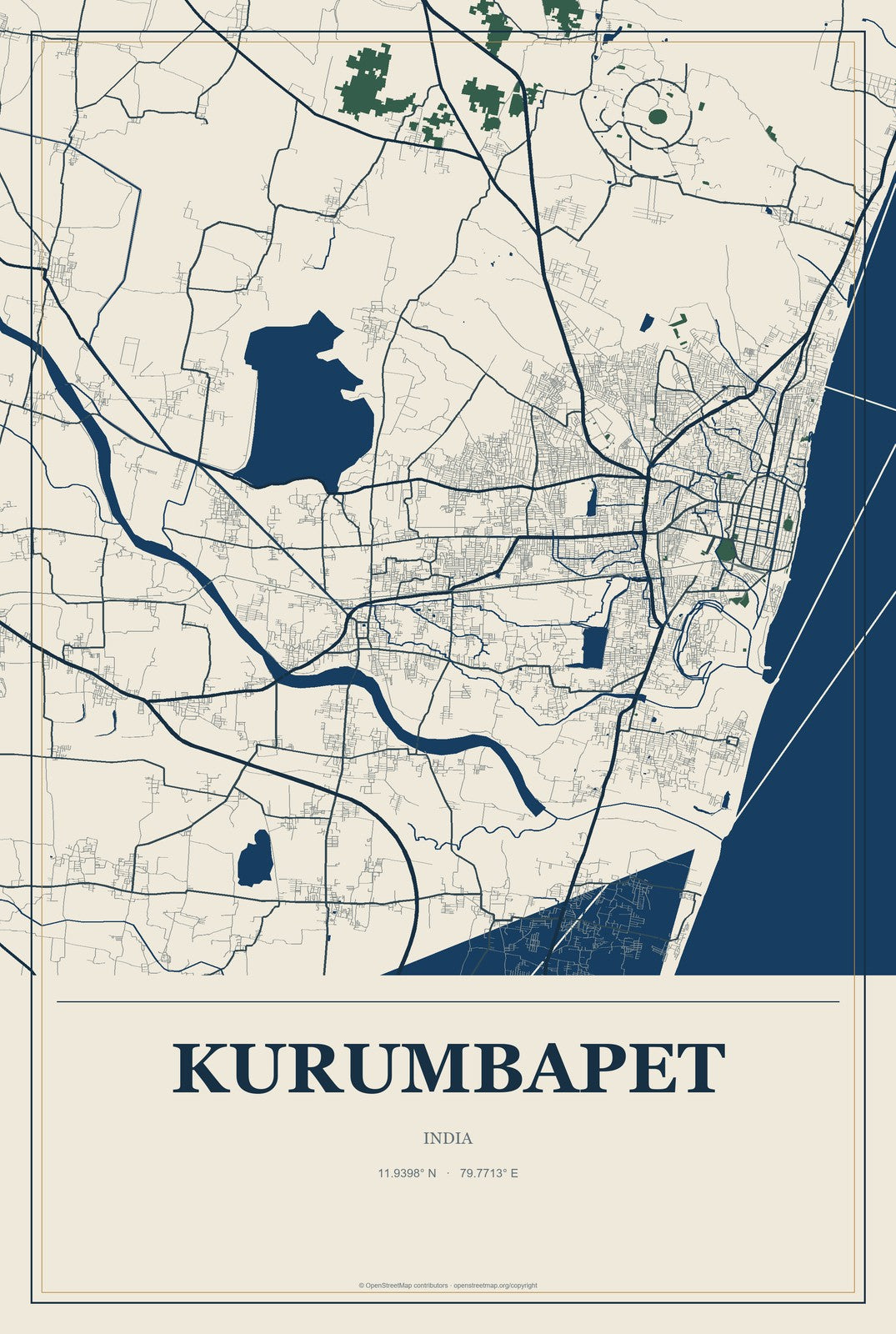 Kurumbapet, India City Map Aluminum Sign in Coastal Cutout style