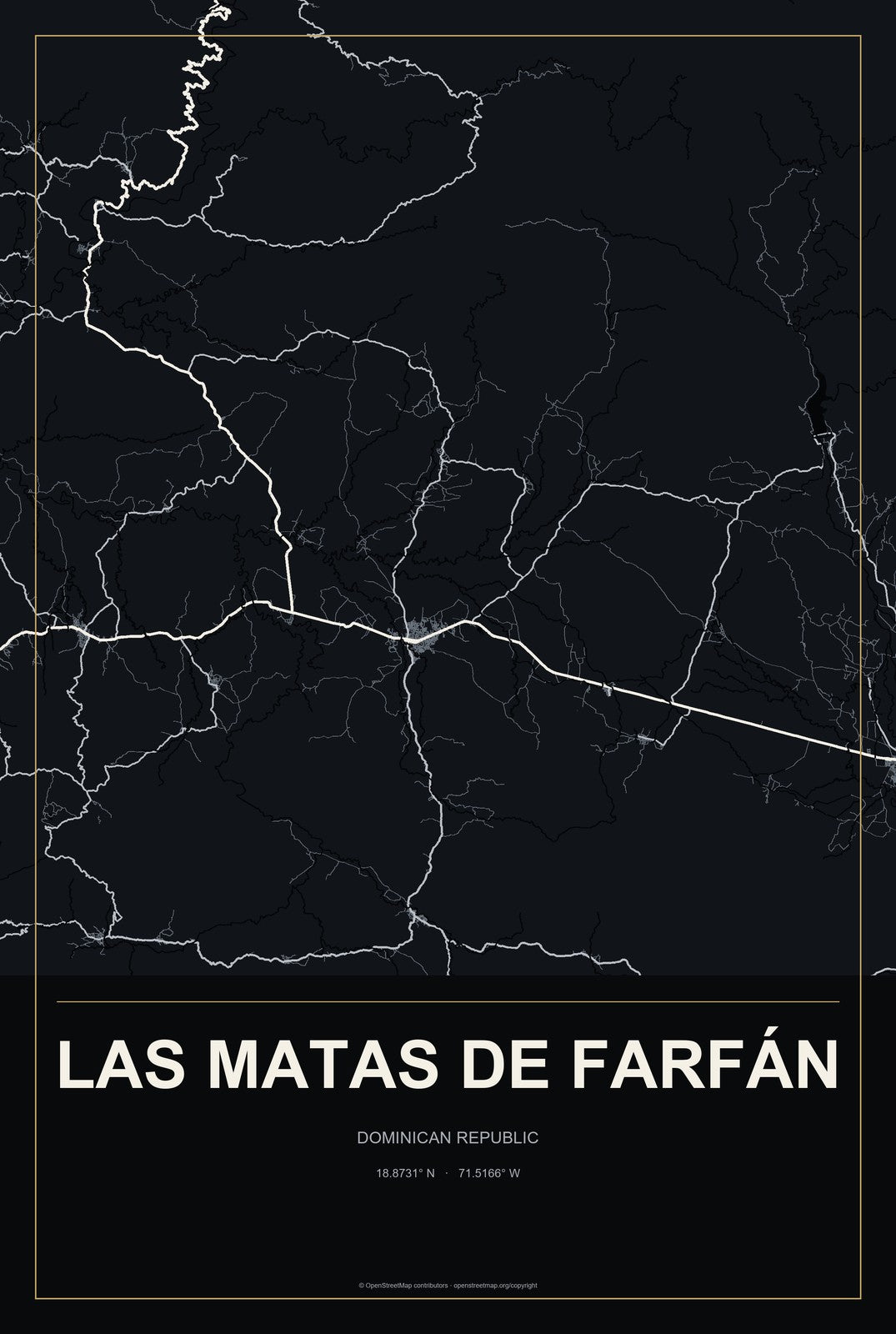 Las Matas de Farfán, Dominican Republic City Map Aluminum Sign in Metropolitan Noir style