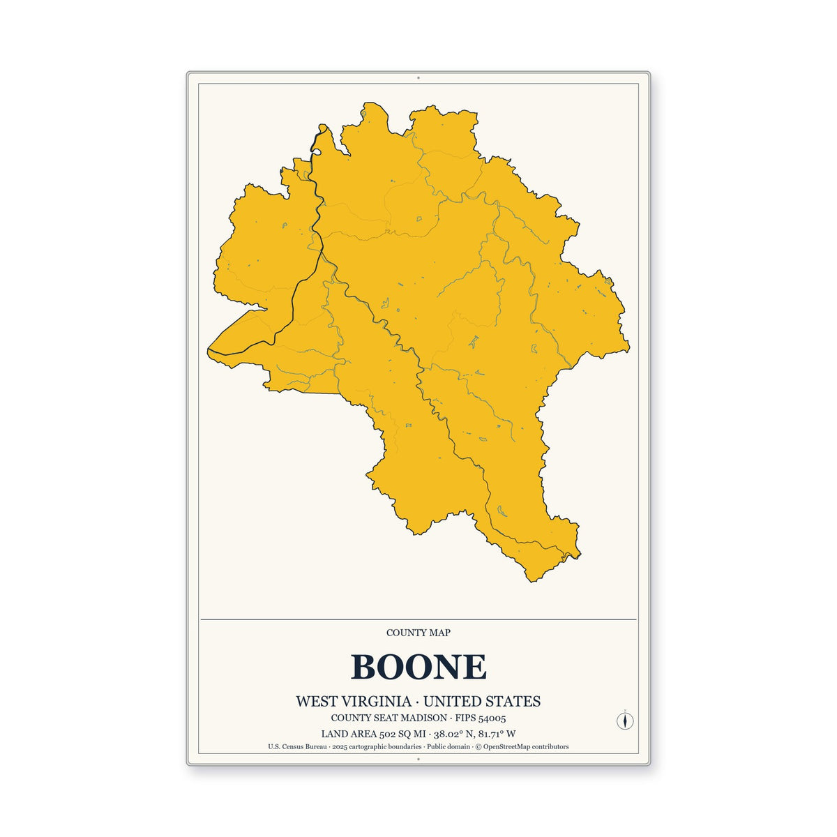 Boone County, West Virginia Map Aluminum Sign in Citrine Modern style