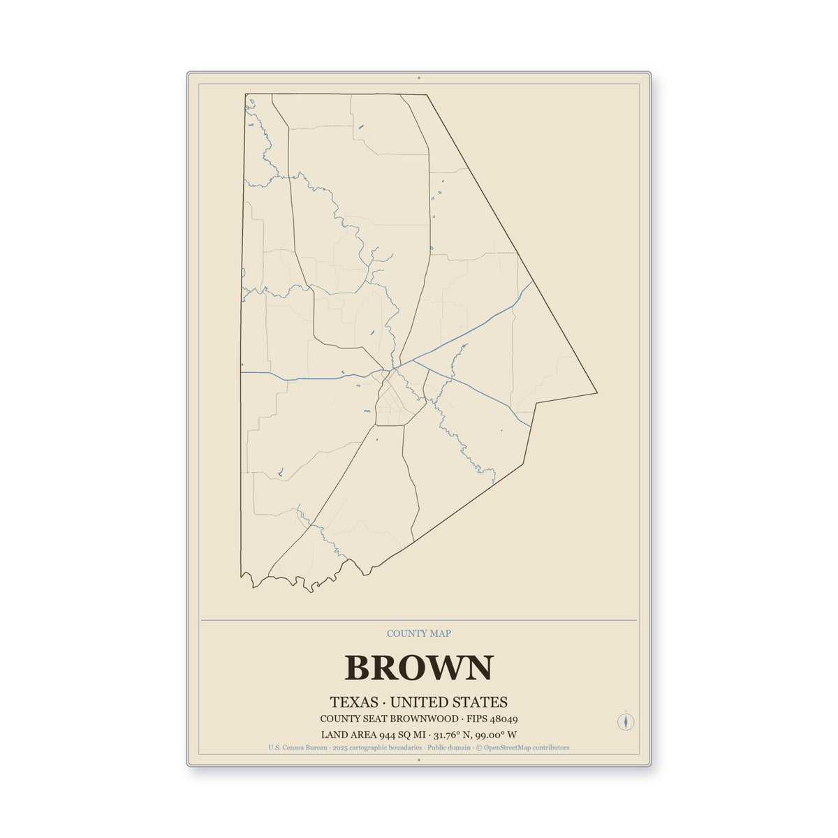 Brown County, Texas Map Aluminum Sign in Heritage Nautical style