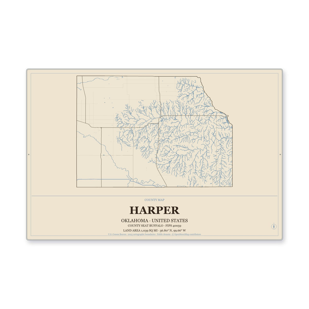 Harper County, Oklahoma Map Aluminum Sign in Heritage Nautical style