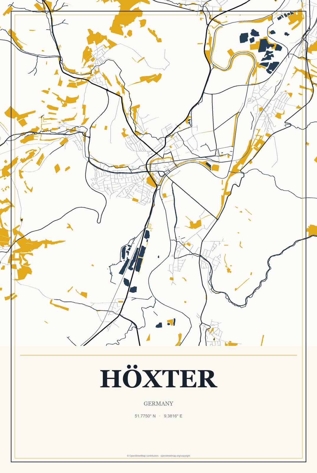 Höxter, Germany City Map Aluminum Sign in Citrine Modern style