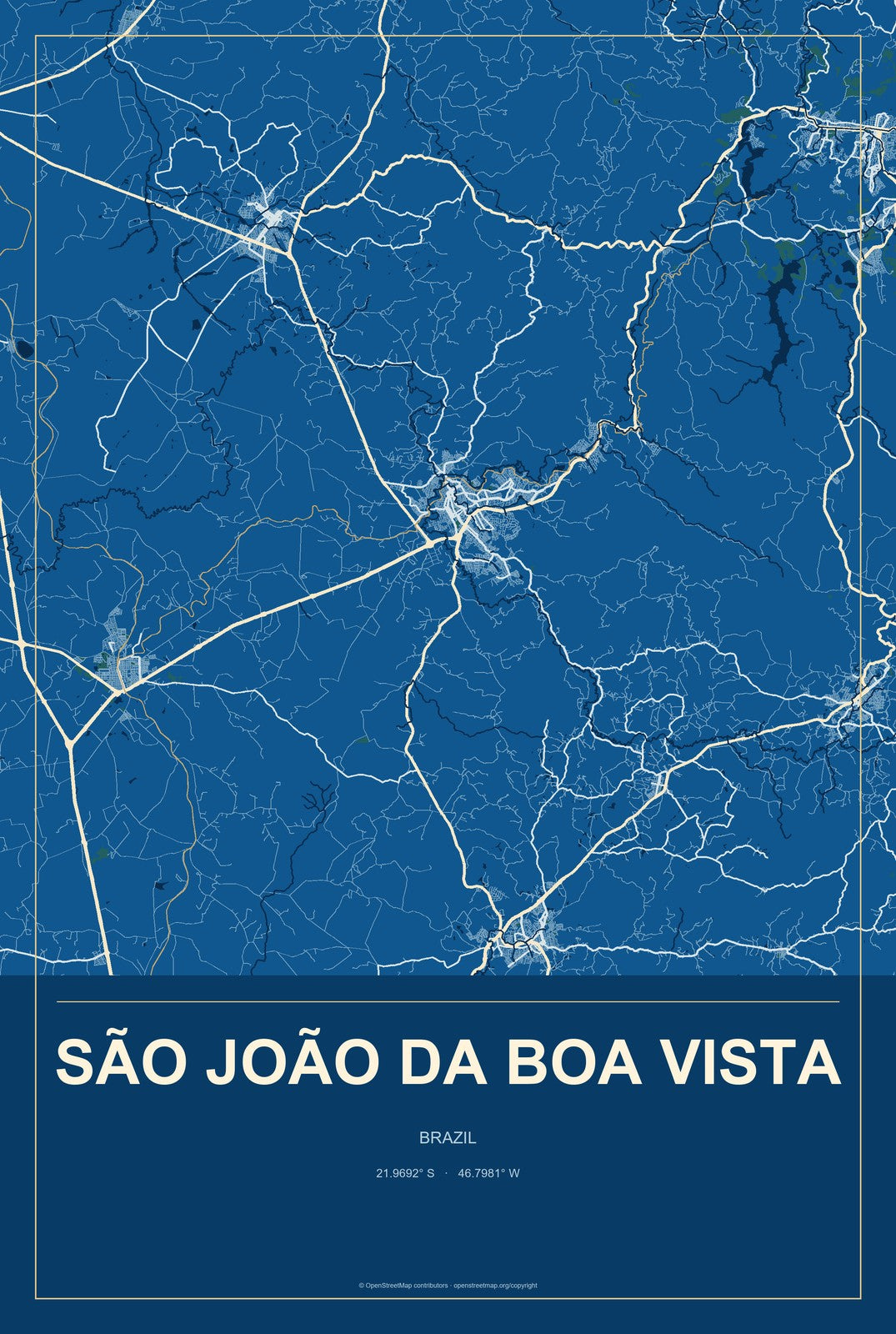São João da Boa Vista, Brazil City Map Aluminum Sign in Harbor Cobalt style