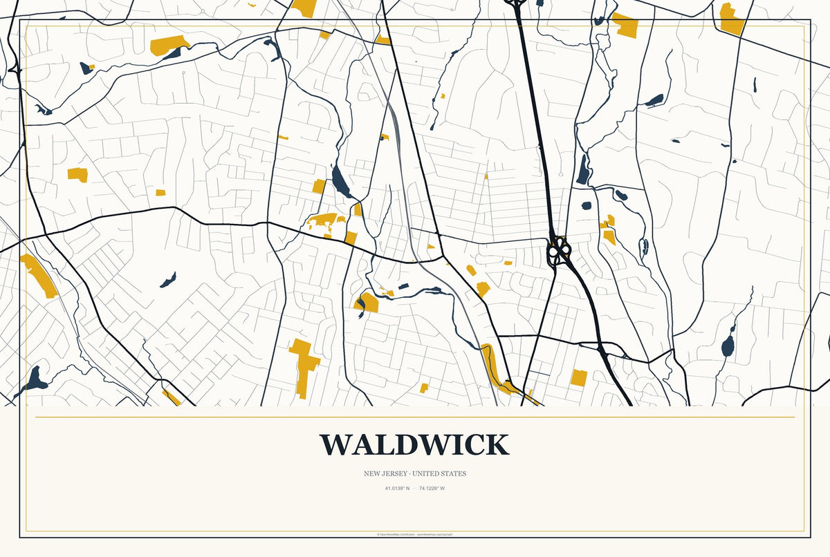 Waldwick, New Jersey City Map Aluminum Sign in Citrine Modern style