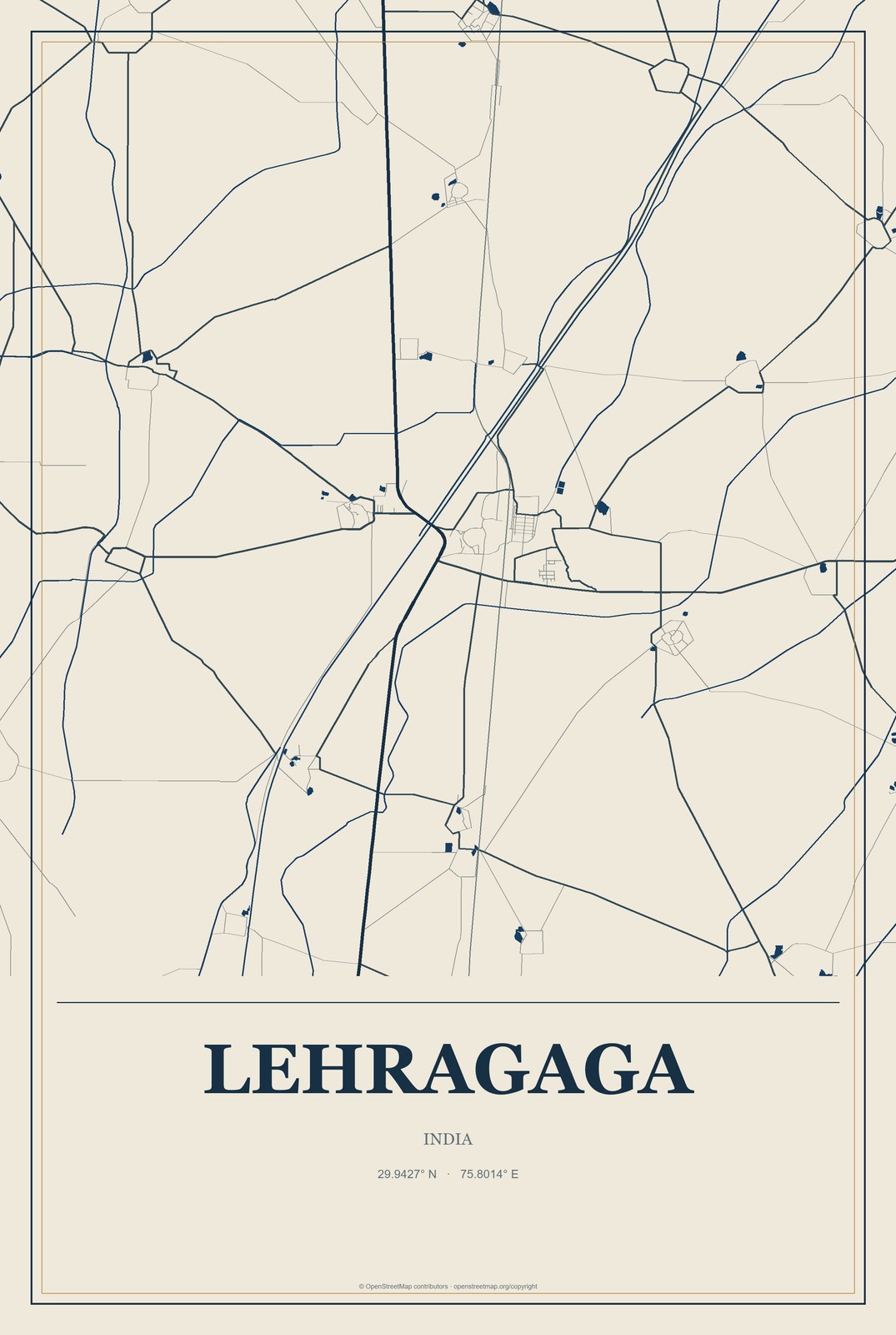 Lehragaga, India City Map Aluminum Sign in Coastal Cutout style