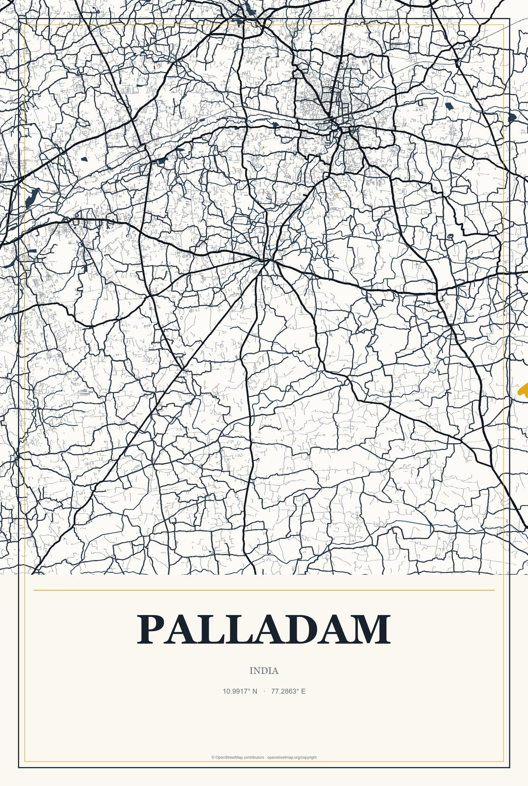 Palladam, India City Map Aluminum Sign in Citrine Modern style