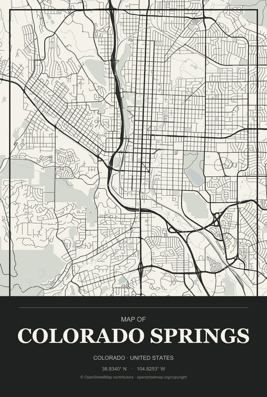 Colorado Springs, Colorado City Map Aluminum Sign in Museum Plaque style