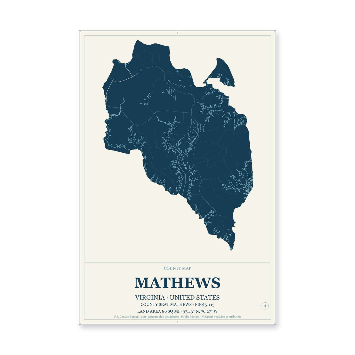 Mathews County, Virginia Map Aluminum Sign in Coastal Cutout style