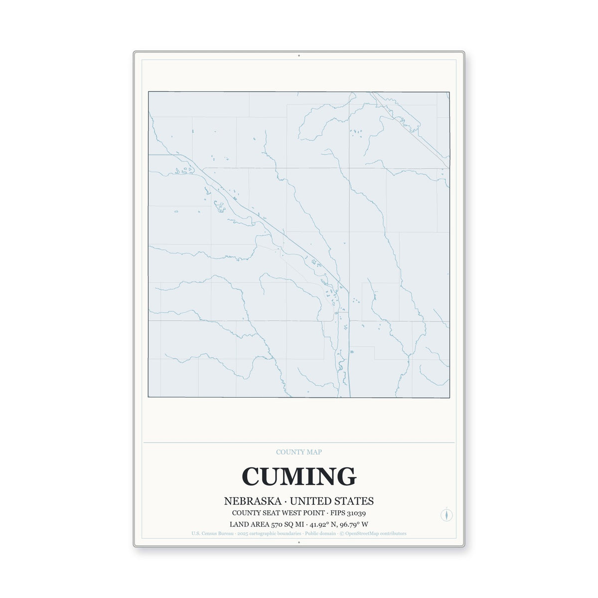 Cuming County, Nebraska Map Aluminum Sign in Gallery Air style