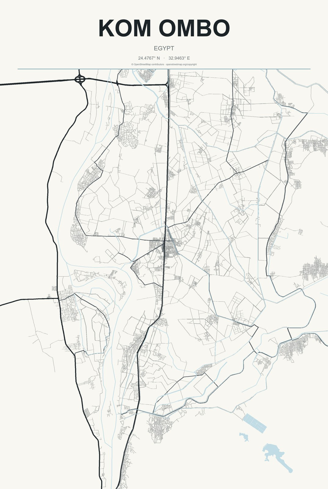 Kom Ombo, Egypt City Map Aluminum Sign in Headline Atlas style