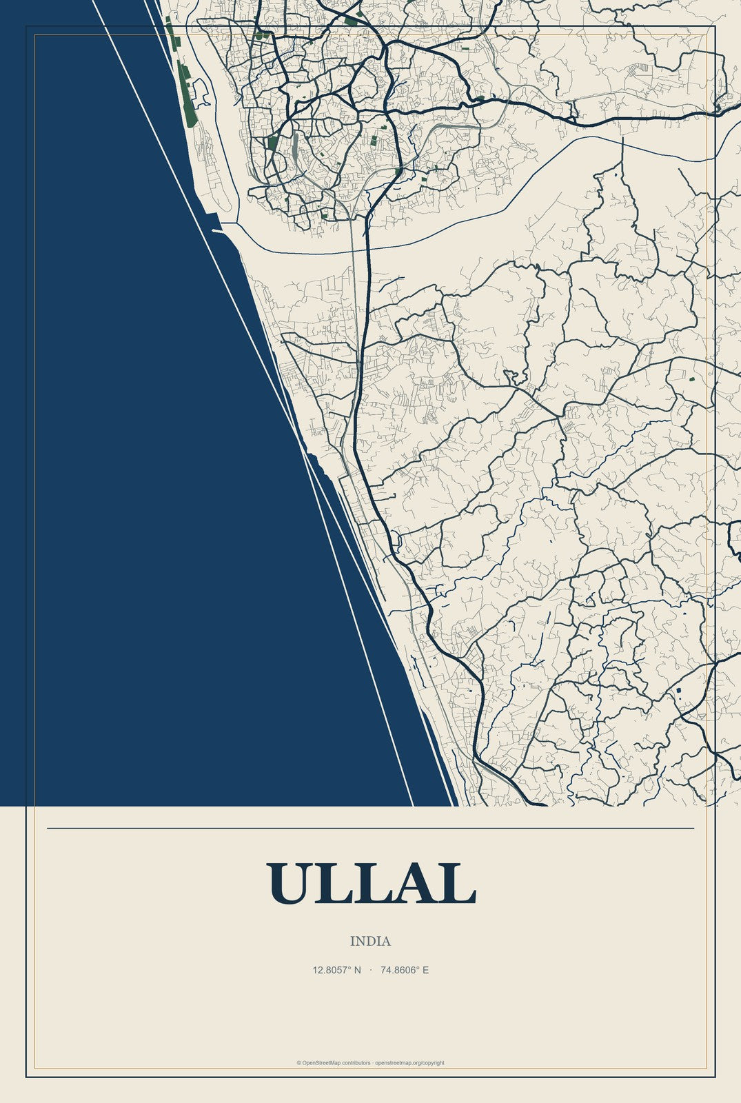 Ullal, India City Map Aluminum Sign in Coastal Cutout style