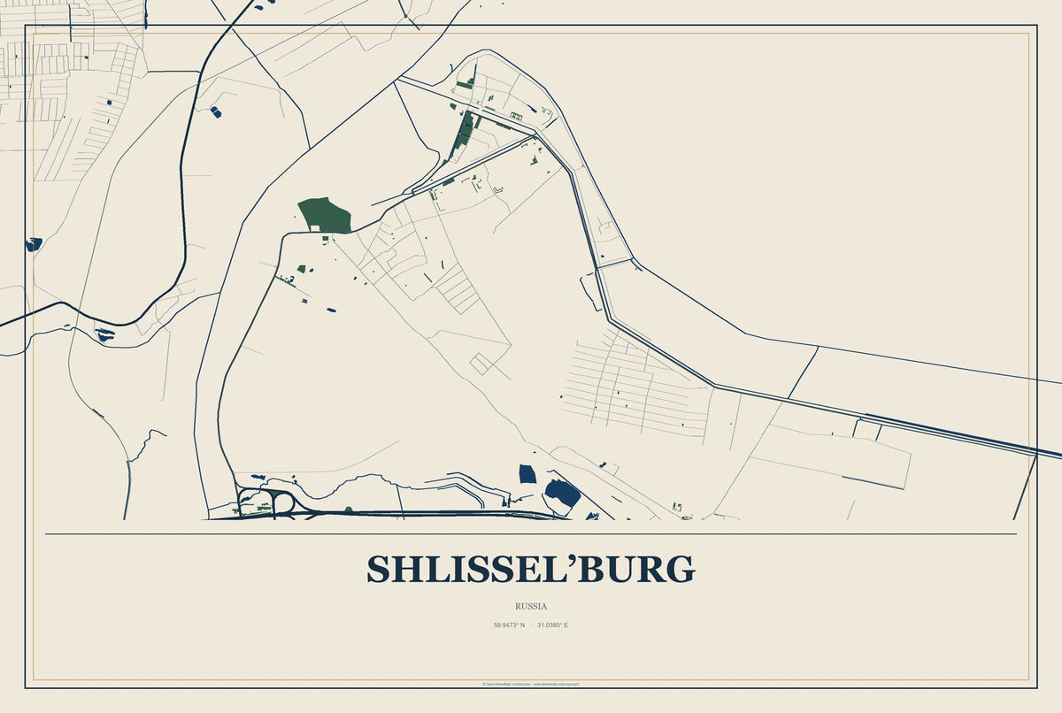 Shlissel’burg, Russia City Map Aluminum Sign in Coastal Cutout style