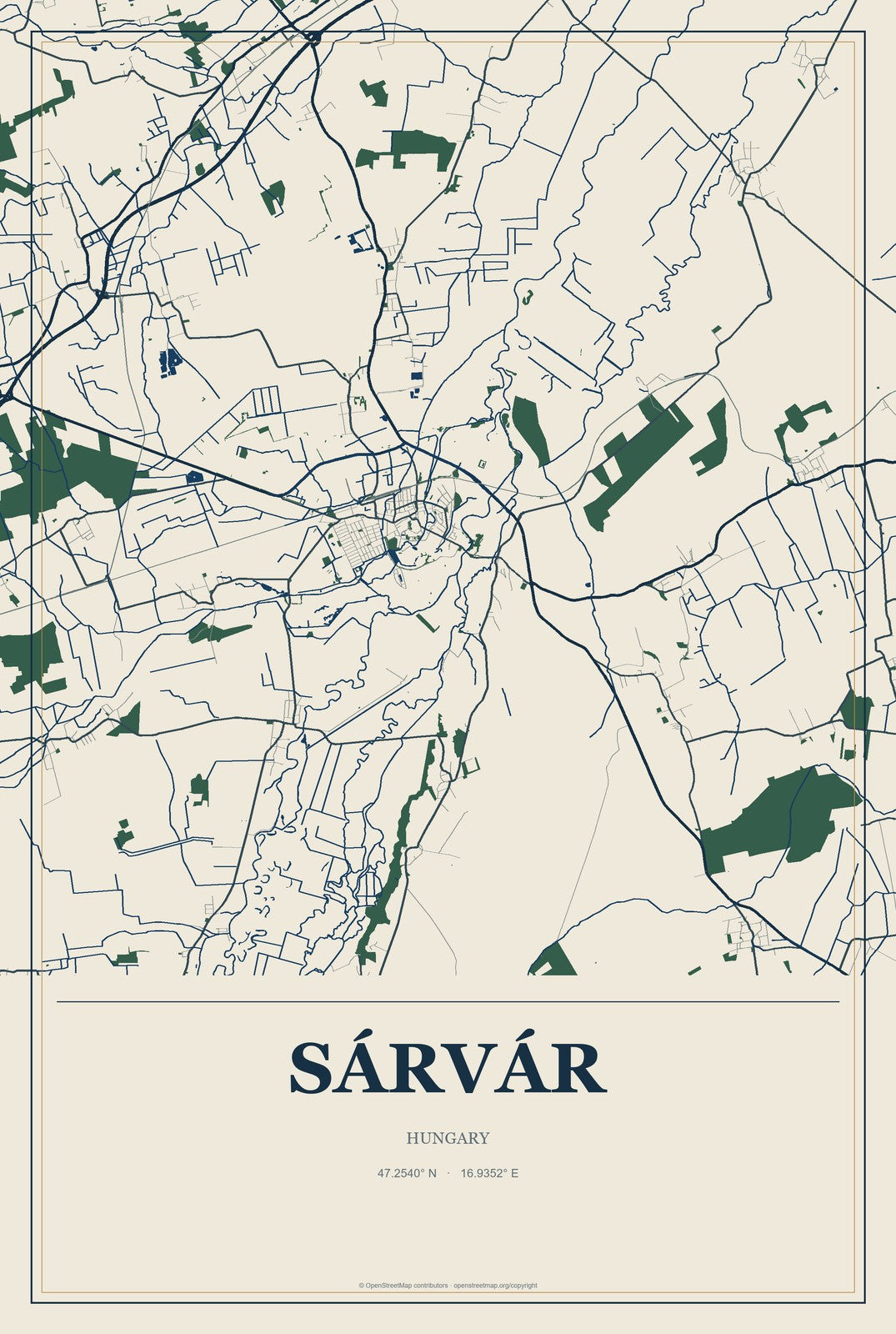 Sárvár, Hungary City Map Aluminum Sign in Coastal Cutout style