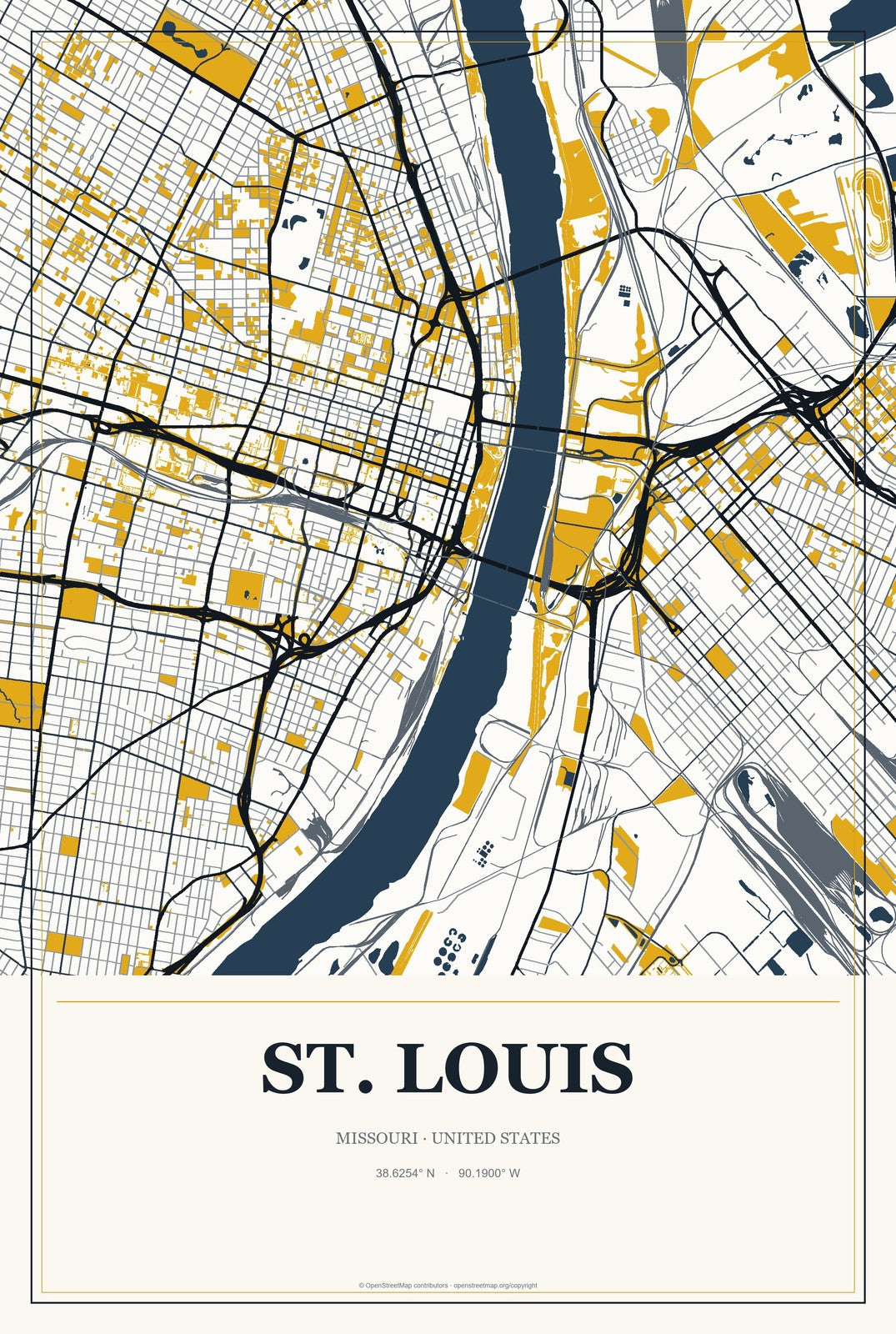 St. Louis, Missouri City Map Aluminum Sign in Citrine Modern style