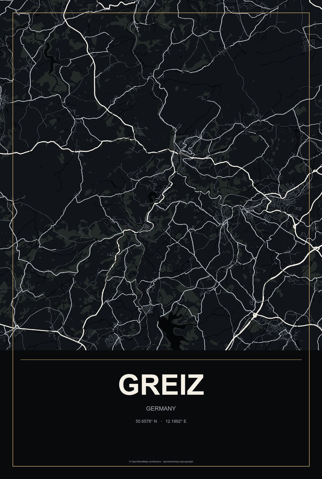 Greiz, Germany City Map Aluminum Sign in Metropolitan Noir style