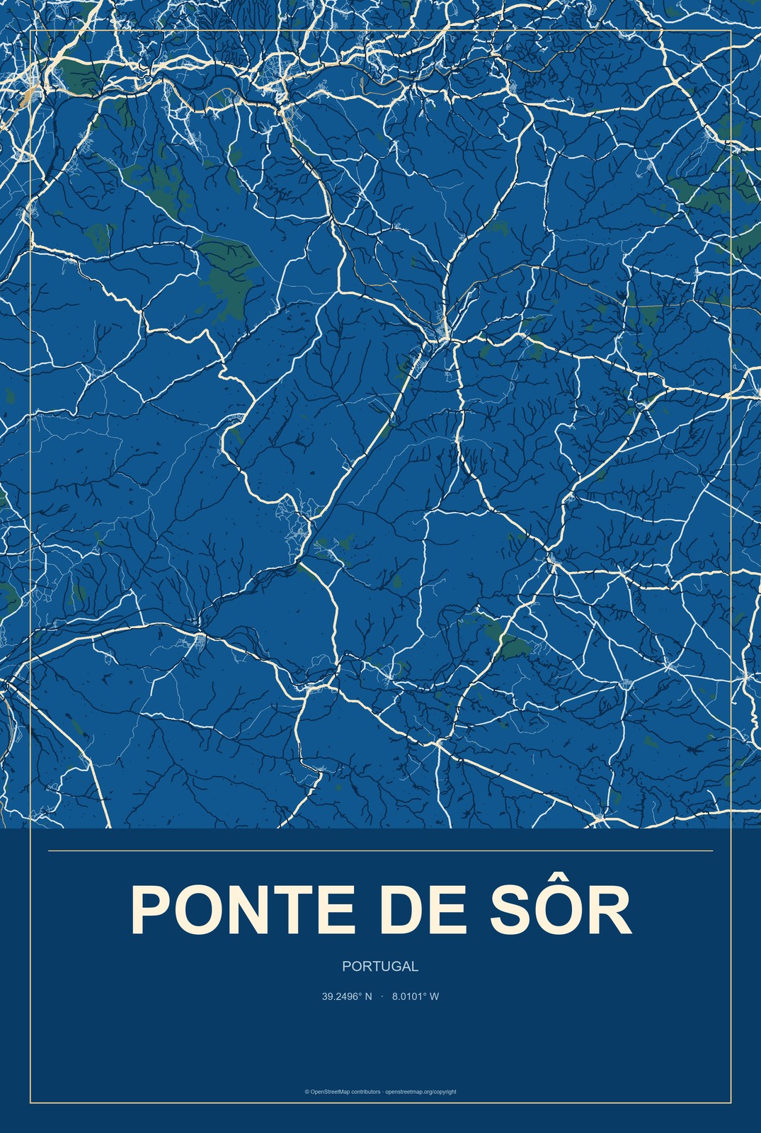 Ponte de Sôr, Portugal City Map Aluminum Sign in Harbor Cobalt style