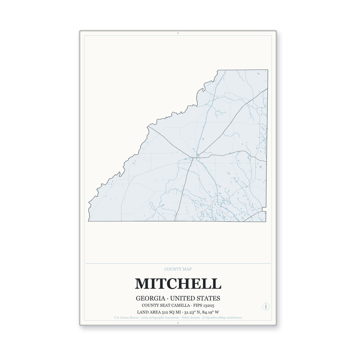 Mitchell County, Georgia Map Aluminum Sign in Gallery Air style