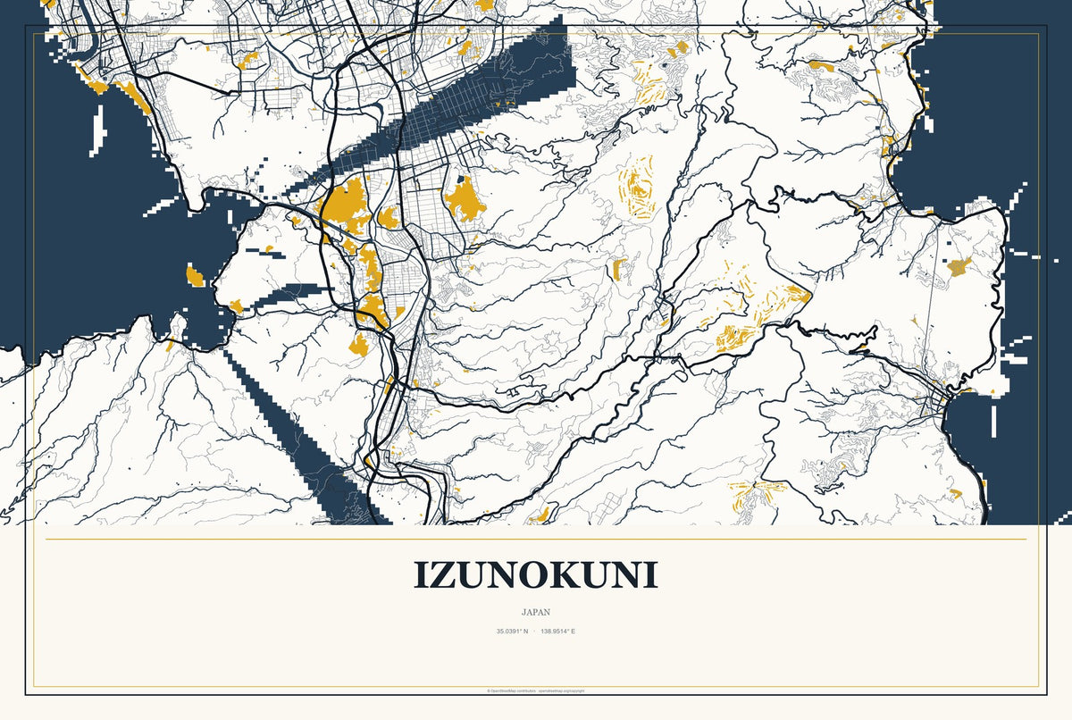 Izunokuni, Japan City Map Aluminum Sign in Citrine Modern style