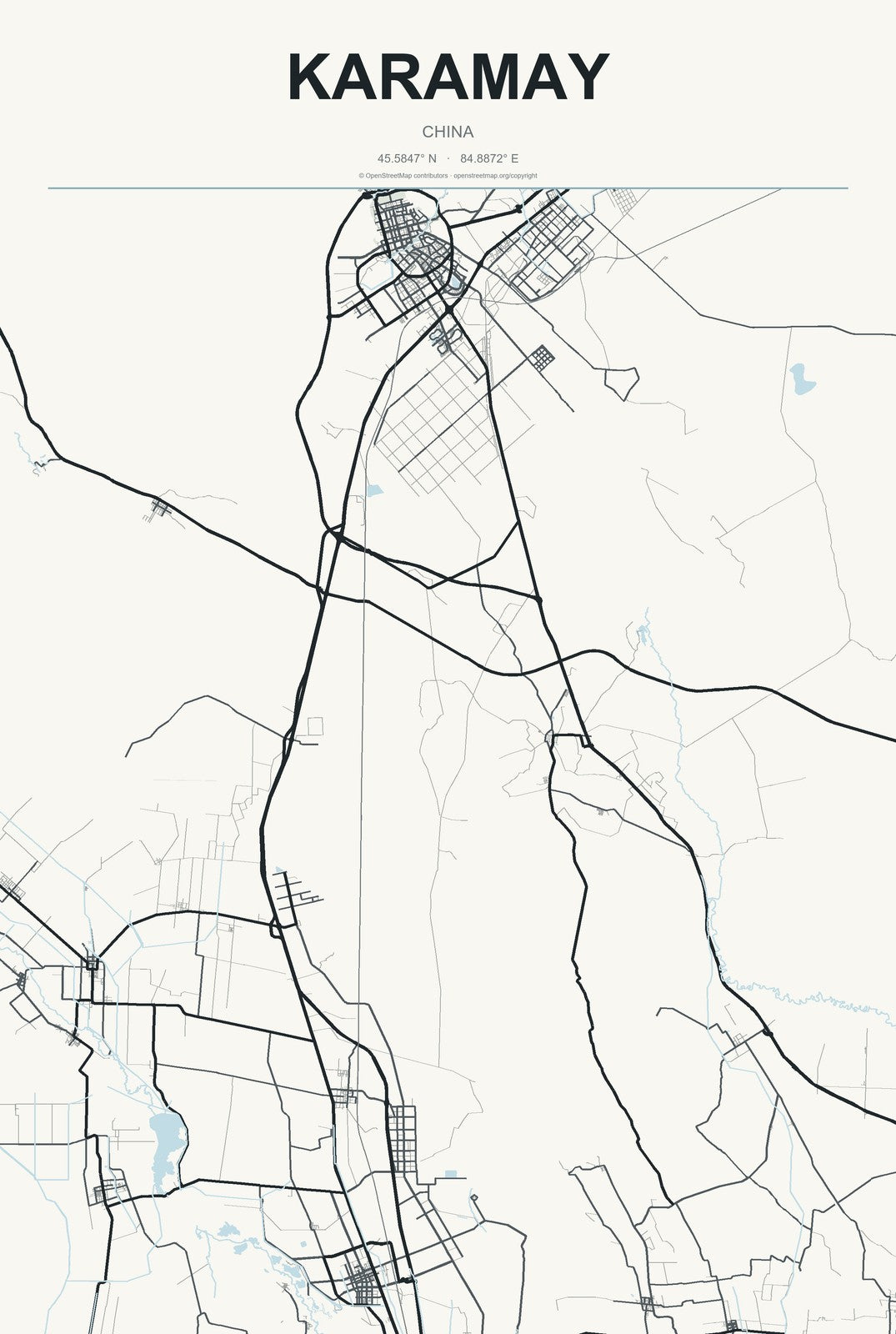 Karamay, China City Map Aluminum Sign in Headline Atlas style