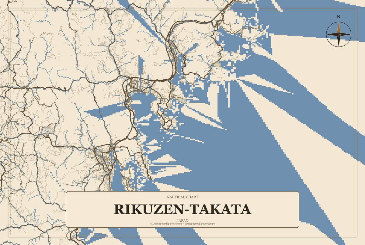 Rikuzen-Takata, Japan City Map Aluminum Sign in Heritage Nautical style
