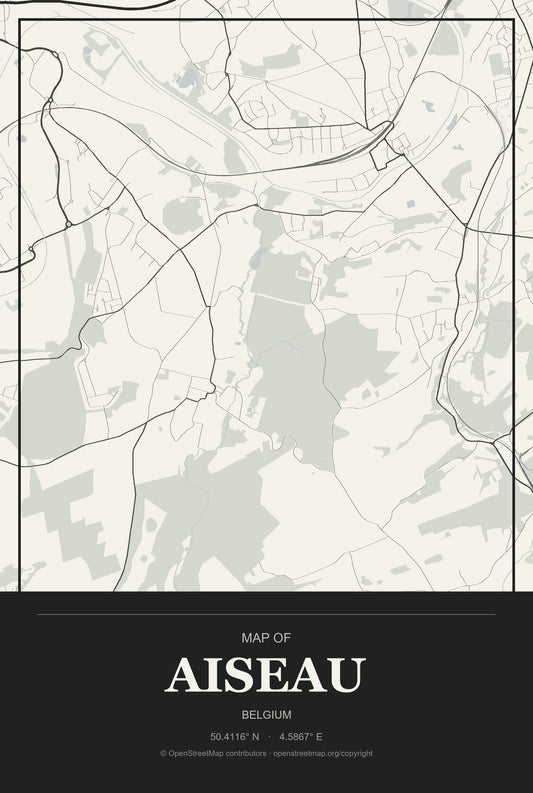 Aiseau, Belgium City Map Aluminum Sign in Museum Plaque style