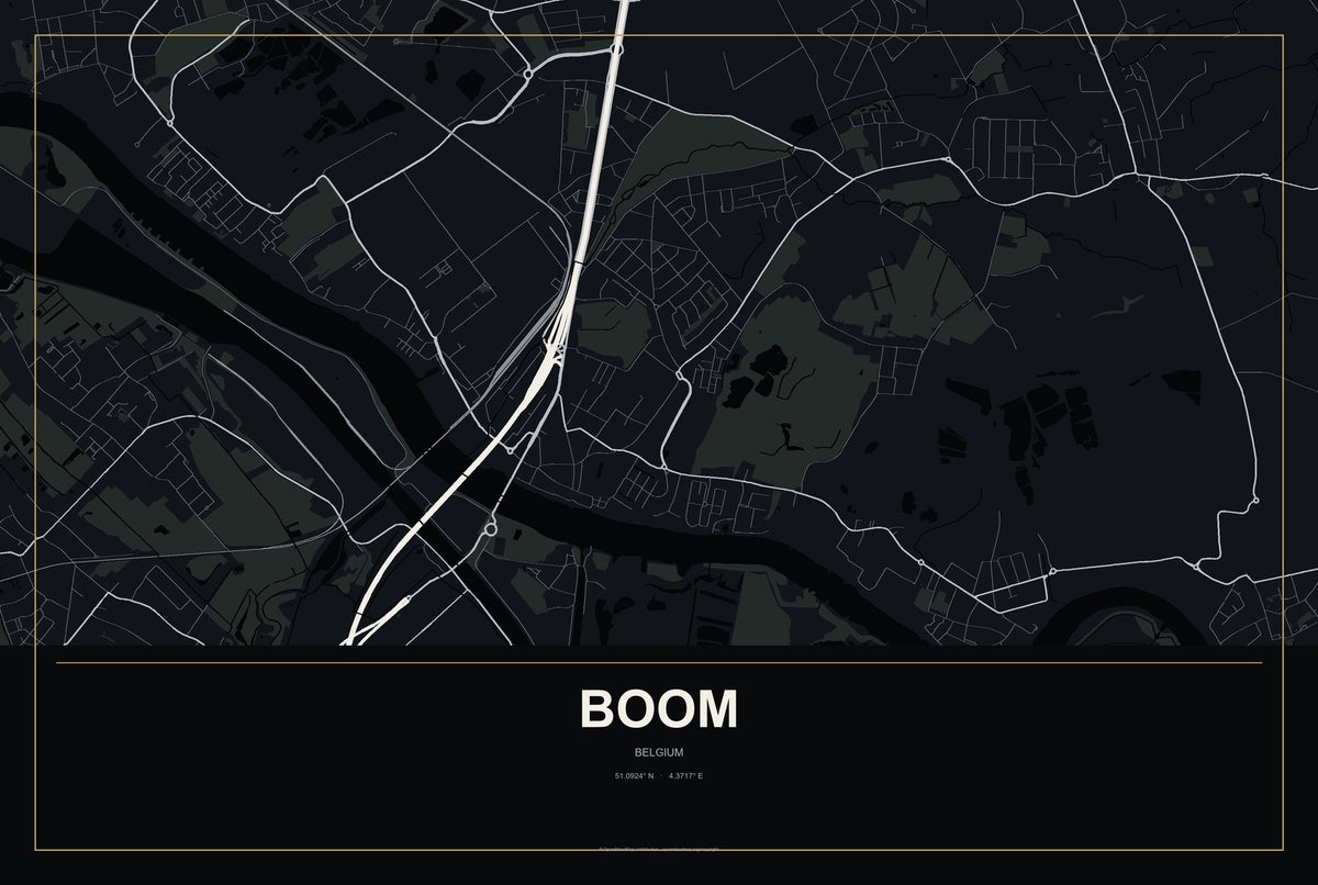 Boom, Belgium City Map Aluminum Sign in Metropolitan Noir style