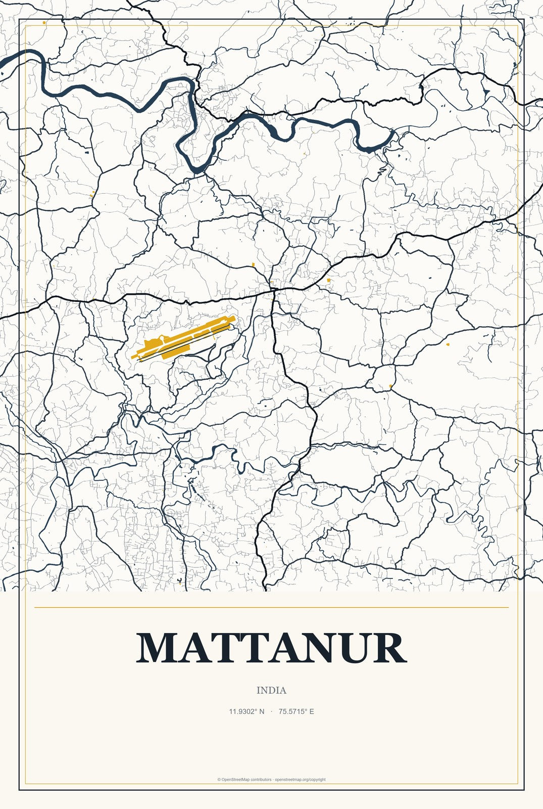 Mattanur, India City Map Aluminum Sign in Citrine Modern style