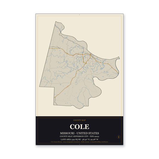 Cole County, Missouri Map Aluminum Sign in Museum Plaque style