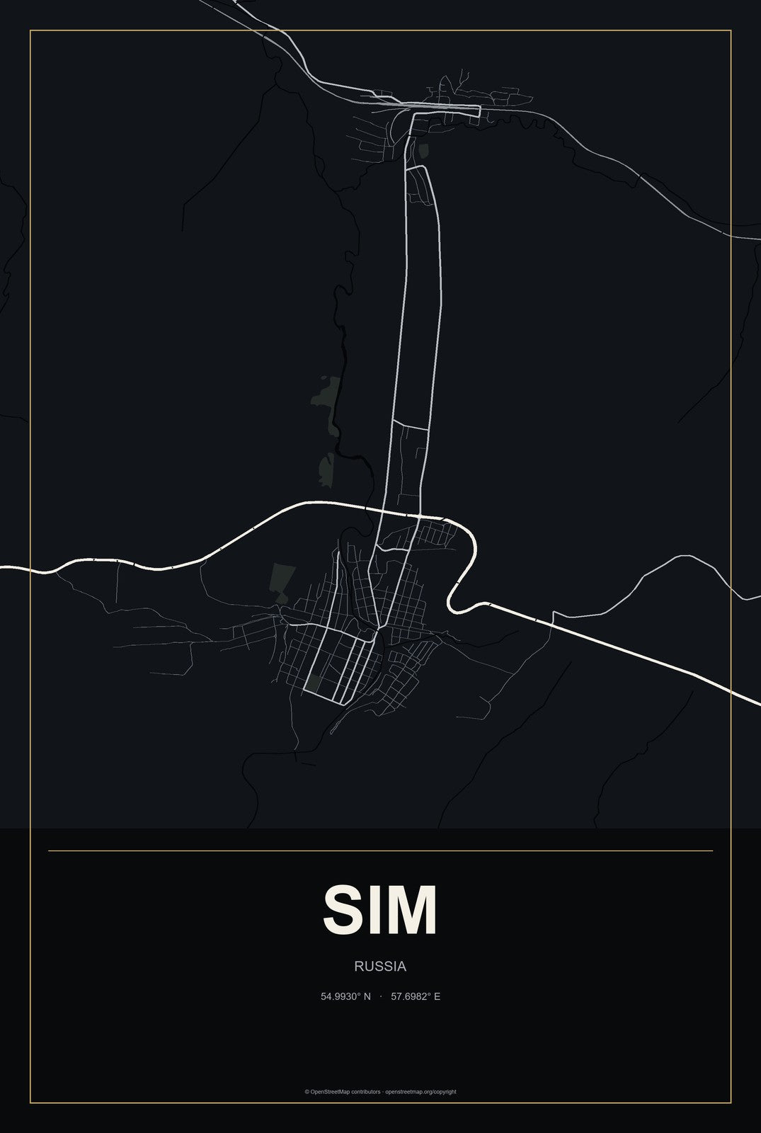 Sim, Russia City Map Aluminum Sign in Metropolitan Noir style