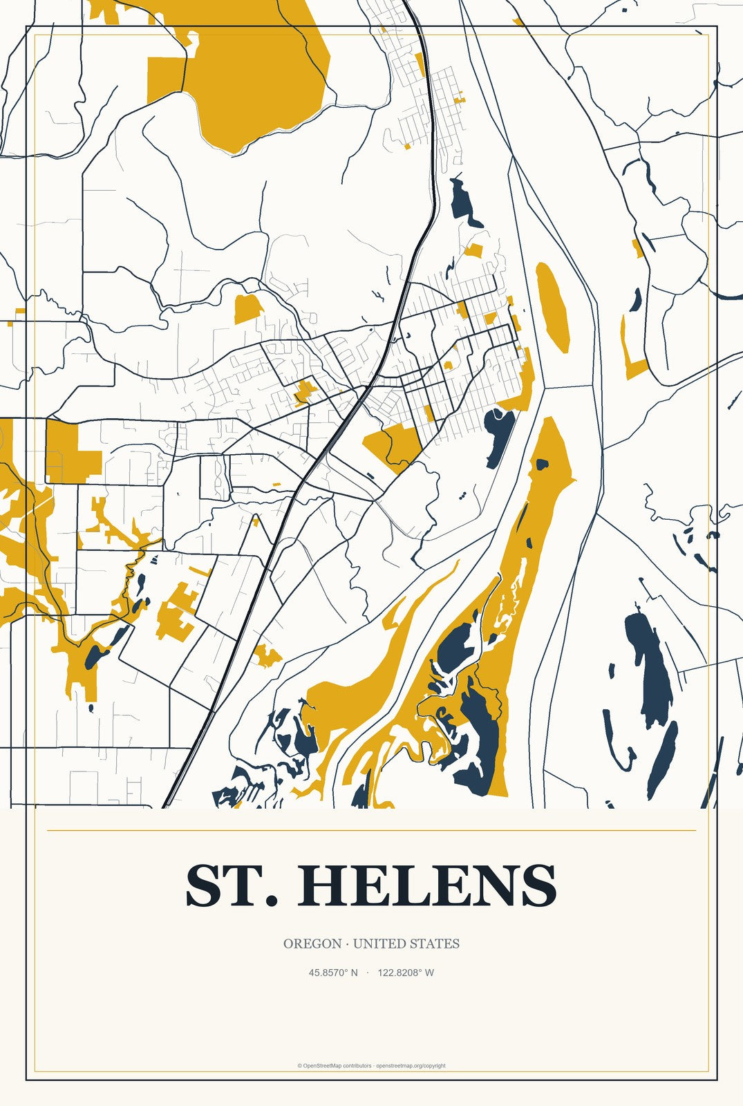 St. Helens, Oregon City Map Aluminum Sign in Citrine Modern style