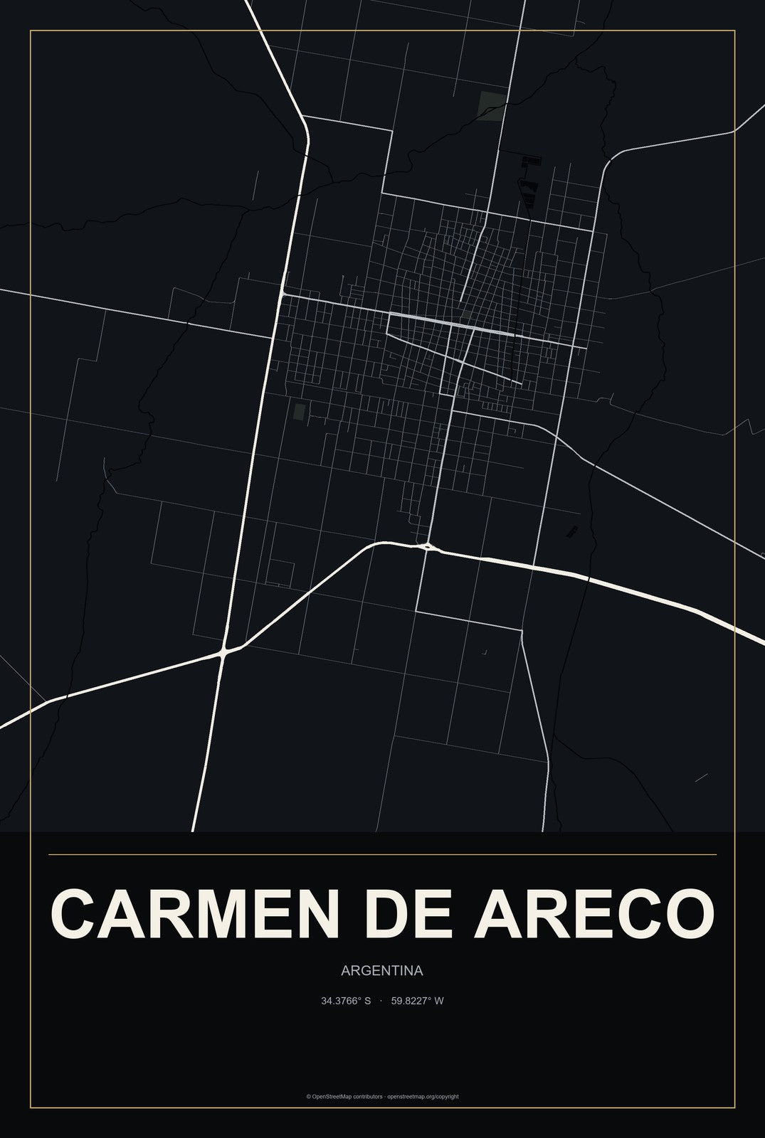 Carmen de Areco, Argentina City Map Aluminum Sign in Metropolitan Noir style