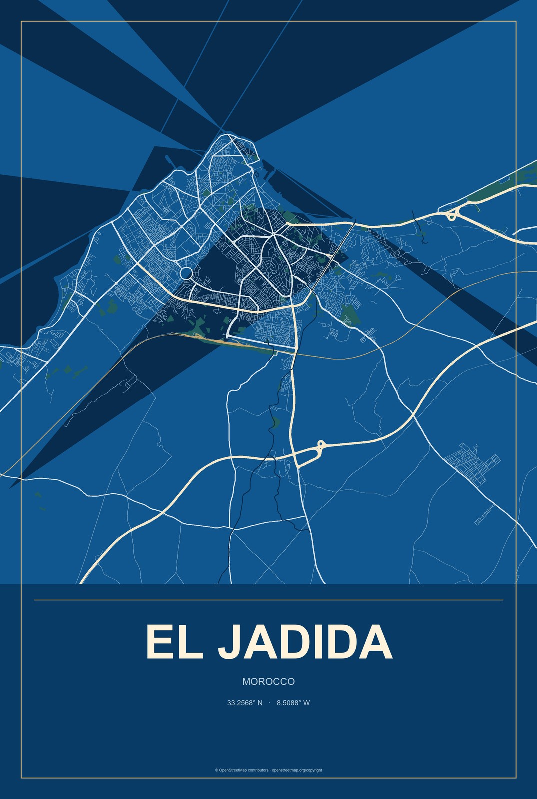 El Jadida, Morocco City Map Aluminum Sign in Harbor Cobalt style