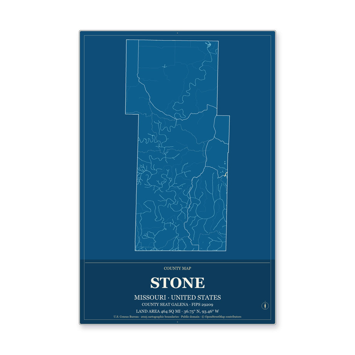 Stone County, Missouri Map Aluminum Sign in Harbor Cobalt style