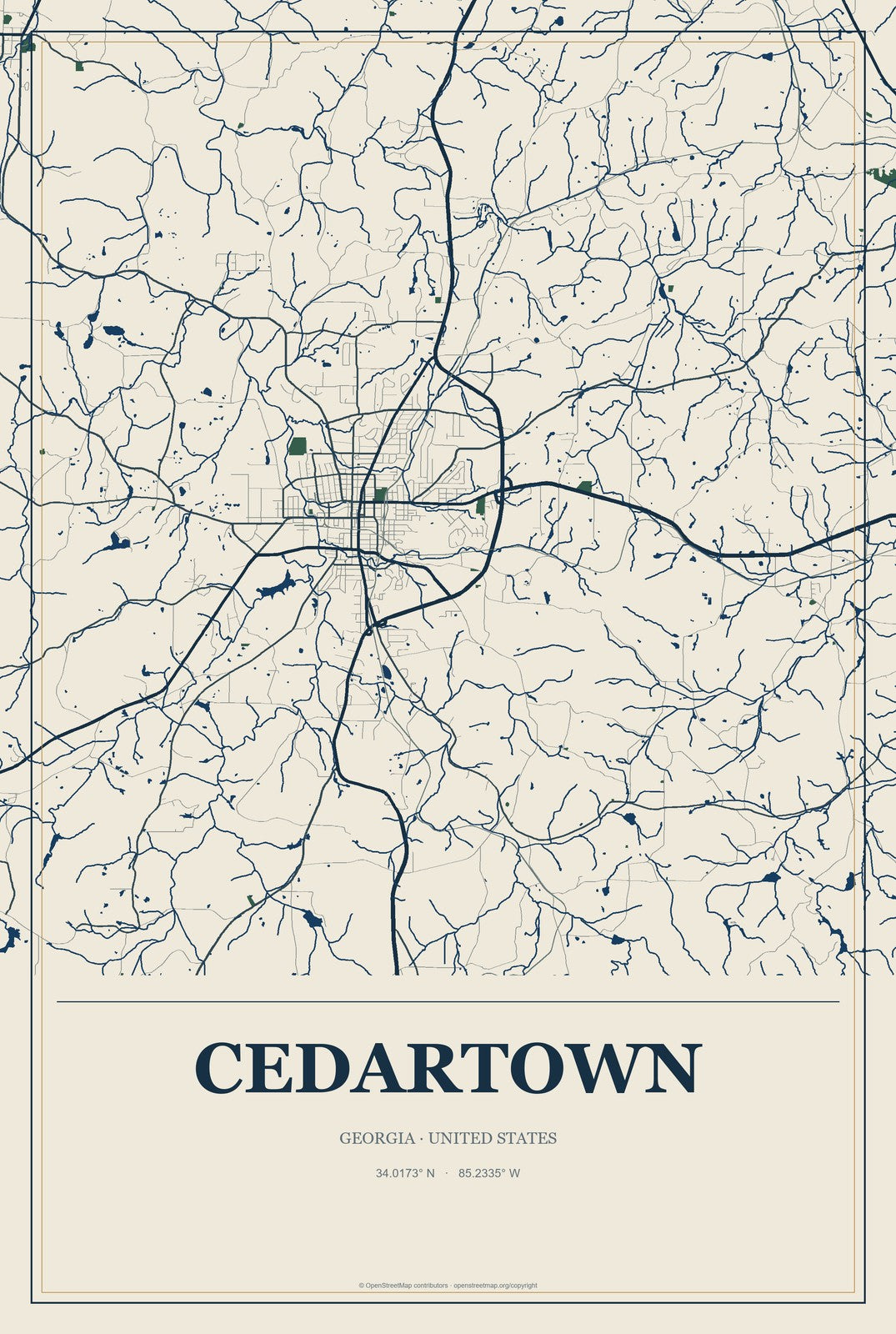 Cedartown, Georgia City Map Aluminum Sign in Coastal Cutout style