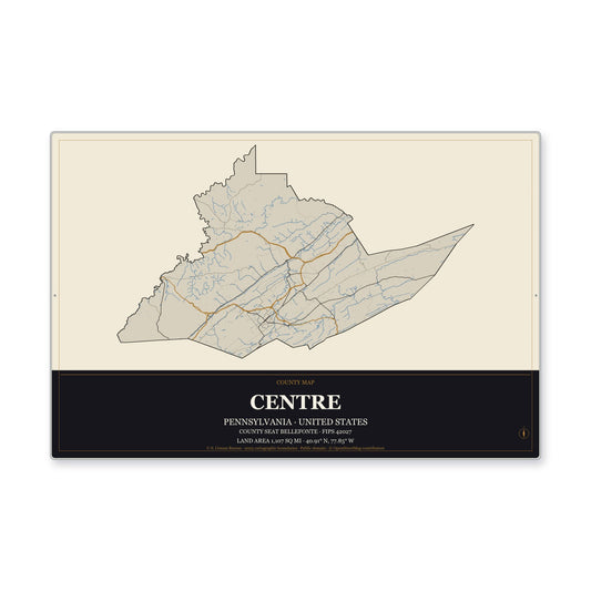 Centre County, Pennsylvania Map Aluminum Sign in Museum Plaque style