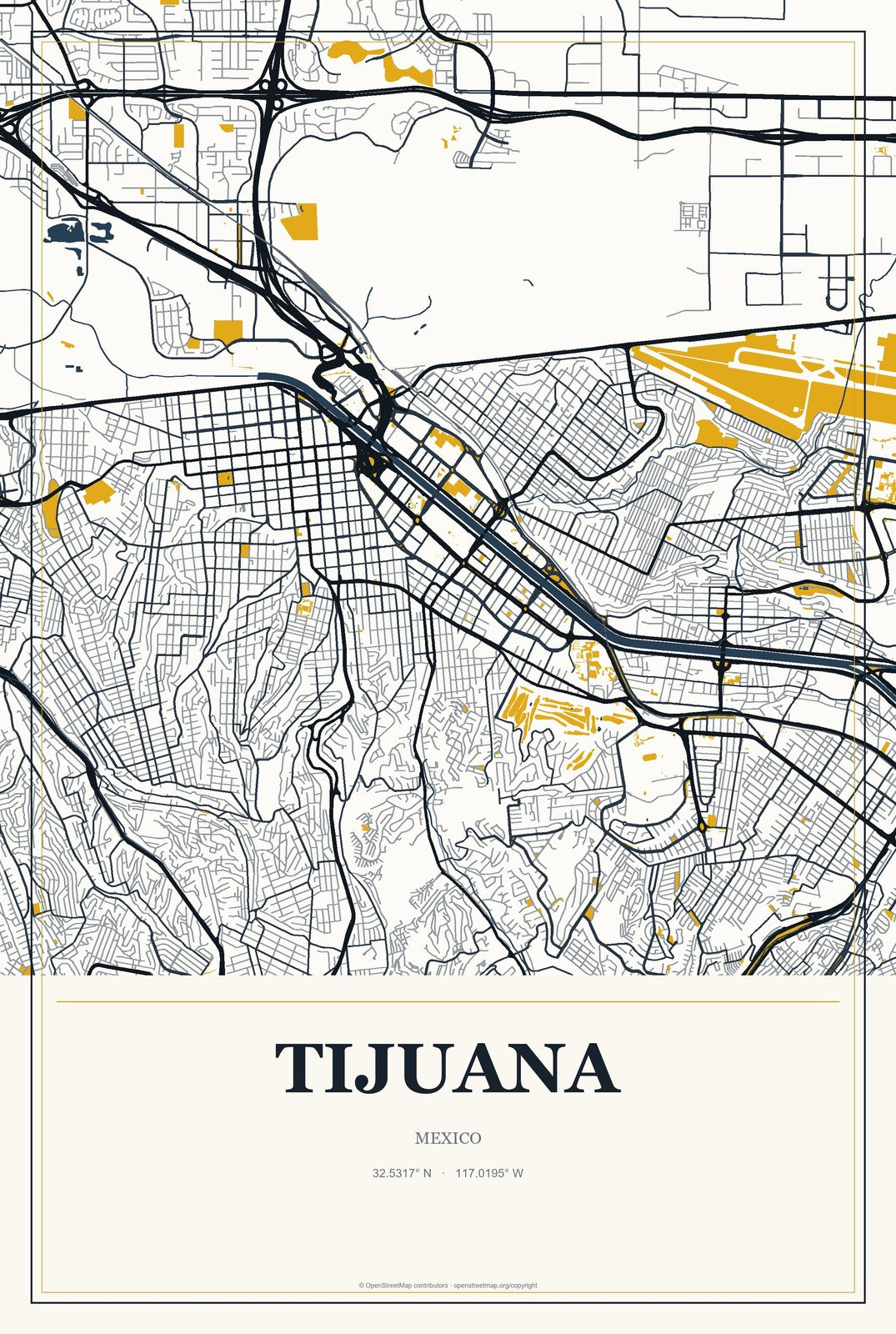 Tijuana, Mexico City Map Aluminum Sign in Citrine Modern style
