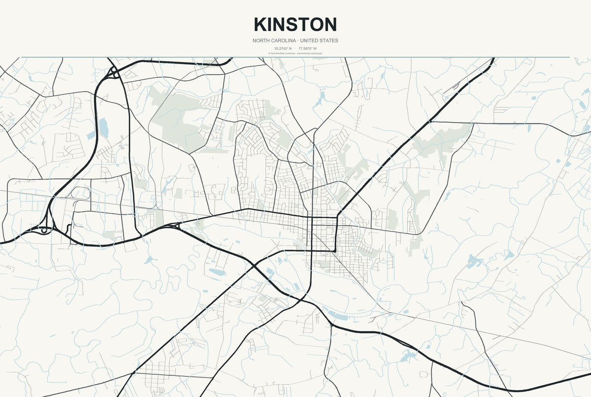 Kinston, North Carolina City Map Aluminum Sign in Headline Atlas style