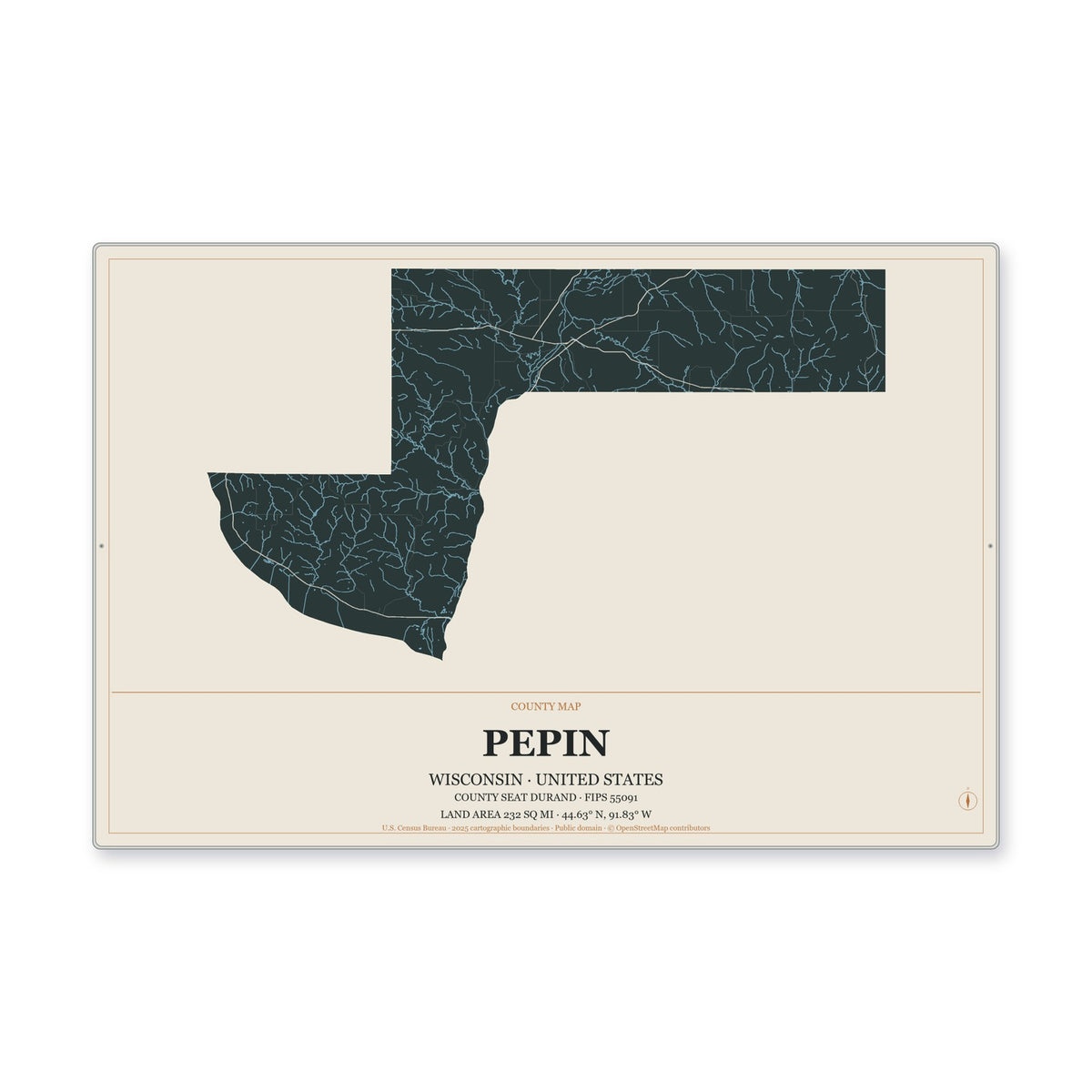 Pepin County, Wisconsin Map Aluminum Sign in Headline Atlas style
