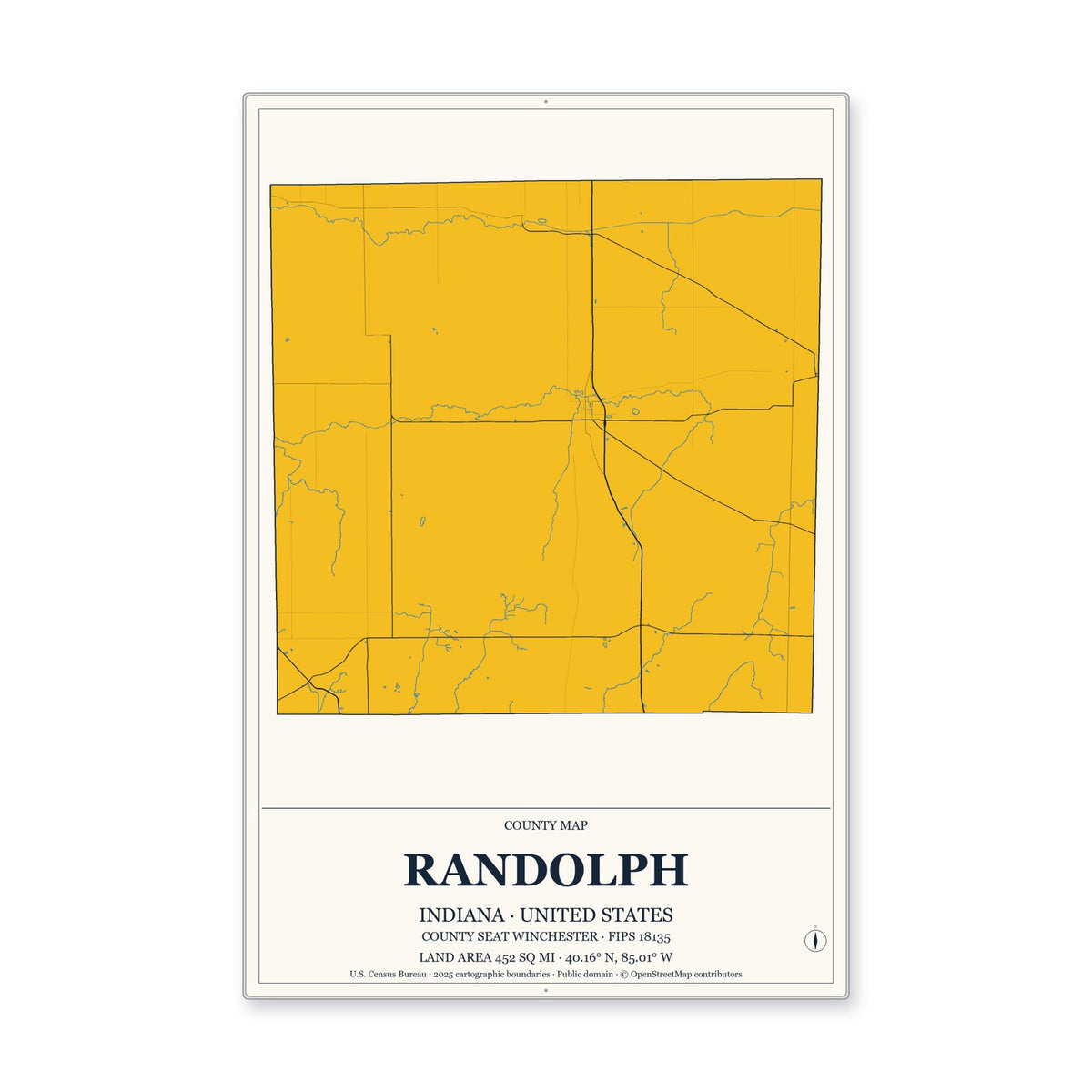 Randolph County, Indiana Map Aluminum Sign in Citrine Modern style