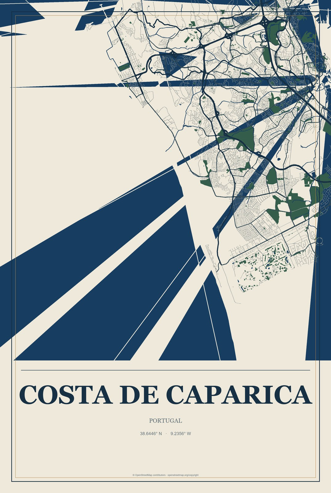 Costa de Caparica, Portugal City Map Aluminum Sign in Coastal Cutout style